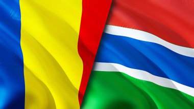 Romanya ve Gambiya bayrakları. 3 boyutlu dalgalanan bayrak tasarımı. Romanya Gambiya bayrağı, resim, duvar kağıdı. Romanya Gambiya 'ya karşı, görüntü 3D. Romanya Gambiya ilişkileri ittifak ve Ticaret, seyahat ve turizm consepti