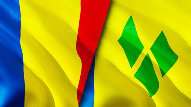 Romanya ve Saint Vincent ve Grenadines bayrakları. 3 boyutlu dalgalanan bayrak tasarımı. Romanya Saint Vincent ve Grenadines bayrağı, resim, duvar kağıdı. Romanya, Saint Vincent 'a karşı ve Grenadines imajı, 3