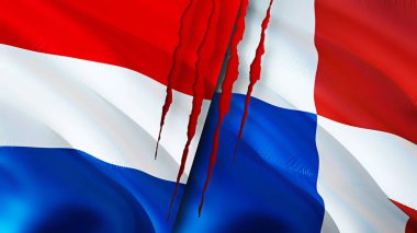 Hollanda ve Panama bayraklarında yara izi var. Dalgalanan bayrak, 3 boyutlu görüntüleme. Hollanda ve Panama çatışma konsepti. Hollanda Panama ilişkileri kavramı. Hollanda bayrağı ve Panama krizi, savaş