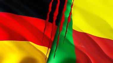 Almanya ve Benin bayraklarında yara izi var. Dalgalanan bayrak, 3 boyutlu görüntüleme. Almanya ve Benin çatışma konsepti. Almanya Benin ilişkileri kavramı. Almanya bayrağı ve Benin krizi, savaş, saldırı konsepti
