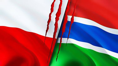 Yara izi olan Polonya ve Gambiya bayrakları. Dalgalanan bayrak, 3 boyutlu görüntüleme. Polonya ve Gambiya çatışma konsepti. Polonya Gambiya ilişkileri kavramı. Polonya bayrağı ve Gambiya krizi, savaş, saldırı konsepti