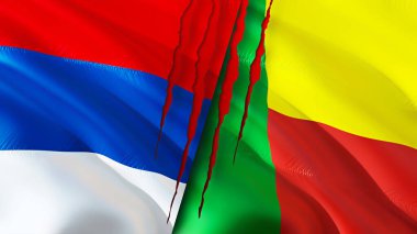 Sırbistan ve Benin yara izi kavramına sahip bayraklar. Dalgalanan bayrak, 3 boyutlu görüntüleme. Sırbistan ve Benin çatışma konsepti. Sırbistan Benin ilişkileri kavramı. Sırbistan bayrağı ve Benin krizi, savaş, saldırı konsepti