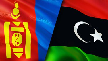 Moğolistan ve Libya bayrakları. 3 boyutlu dalgalanan bayrak tasarımı. Moğolistan Libya bayrağı, resim, duvar kağıdı. Moğolistan Libya 'ya karşı, görüntü 3 boyutlu. Moğolistan Libya ilişkileri ittifak ve ticaret, seyahat, turizm konsepti