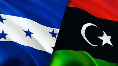 Honduras ve Libya bayrakları. 3 boyutlu dalgalanan bayrak tasarımı. Honduras Libya bayrağı, resim, duvar kağıdı. Honduras Libya 'ya karşı, görüntü 3 boyutlu. Honduras Libya ilişkileri ittifak ve ticaret, seyahat, turizm konsepti