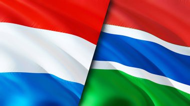 Lüksemburg ve Gambiya bayrakları. 3 boyutlu dalgalanan bayrak tasarımı. Lüksemburg Gambiya bayrağı, resim, duvar kağıdı. Lüksemburg Gambiya 'ya karşı, 3 boyutlu görüntü. Lüksemburg Gambiya ilişkileri ittifak ve ticaret, seyahat, turnuva