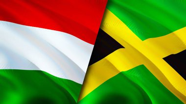 Macaristan ve Jamaika bayrakları. 3 boyutlu dalgalanan bayrak tasarımı. Macaristan Jamaika bayrağı, resim, duvar kağıdı. Macaristan Jamaika 'ya karşı, görüntü 3D. Macaristan Jamaika ilişkileri ittifak ve ticaret, seyahat, turizm konsepti