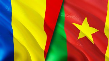 Romanya ve Kamerun bayrakları. 3 boyutlu dalgalanan bayrak tasarımı. Romanya Kamerun bayrağı, resim, duvar kağıdı. Romanya, Kamerun görüntüsüne karşı, 3D görüntüleme. Romanya Kamerun ilişkileri ittifak ve Ticaret, seyahat, turnuva