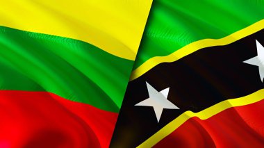 Litvanya, Saint Kitts ve Nevis bayrakları. 3 boyutlu dalgalanan bayrak tasarımı. Litvanya Saint Kitts ve Nevis bayrağı, resim, duvar kağıdı. Litvanya, Saint Kitts ve Nevis 'e karşı, görüntü 3 boyutlu. Litvanya Sain
