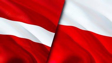 Letonya ve Polonya bayrakları. 3 boyutlu dalgalanan bayrak tasarımı. Letonya Polonya bayrağı, resim, duvar kağıdı. Letonya, Polonya 'ya karşı. Görüntü 3 boyutlu. Letonya Polonya ilişkileri ittifak ve ticaret, seyahat, turizm konsepti