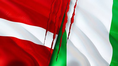 Letonya ve Nijerya yara izi olan bayraklar. Dalgalanan bayrak, 3 boyutlu görüntüleme. Letonya ve Nijerya çatışma konsepti. Letonya Nijerya ilişkileri kavramı. Letonya ve Nijerya bayrağı krizi, savaş, saldırı konsepti