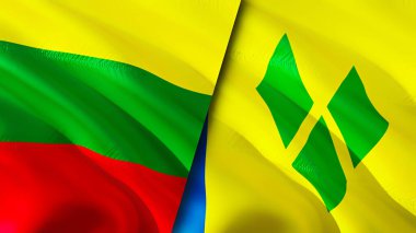 Litvanya, Saint Vincent ve Grenadine bayrakları. 3 boyutlu dalgalanan bayrak tasarımı. Litvanya Saint Vincent ve Grenadines bayrağı, resim, duvar kağıdı. Litvanya - Saint Vincent ve Grenadine