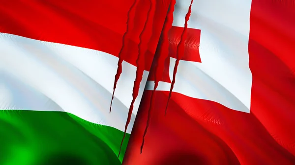 Hungary and Tonga flags with scar concept. Waving flag,3D rendering. Hungary and Tonga conflict concept. Hungary Tonga relations concept. flag of Hungary and Tonga crisis,war, attack concep