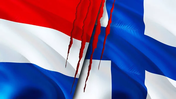 Bandeiras Holanda Finlândia Com Conceito Cicatriz Bandeira Ondulada Renderização Conceito — Fotografia de Stock