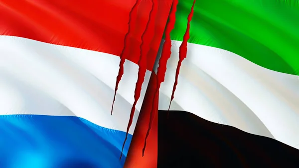 Luxembourg and United Arab Emirates flags with scar concept. Waving flag,3D rendering. Luxembourg and United Arab Emirates conflict concept. Luxembourg United Arab Emirates relations concept. fla