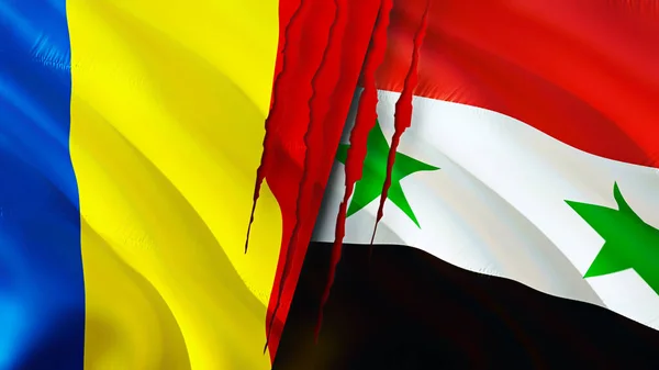 Romania and Syria flags with scar concept. Waving flag,3D rendering. Romania and Syria conflict concept. Romania Syria relations concept. flag of Romania and Syria crisis,war, attack concep