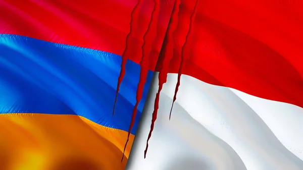 亚美尼亚和摩纳哥的国旗上有疤痕的概念 飘扬的旗帜 3D渲染 亚美尼亚和摩纳哥冲突概念 亚美尼亚摩纳哥关系概念 亚美尼亚和摩纳哥的国旗危机 — 图库照片