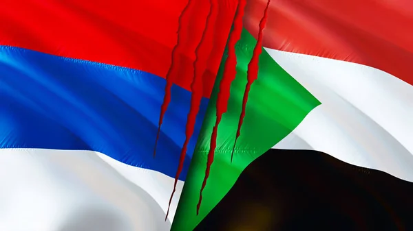Serbia and Sudan flags with scar concept. Waving flag,3D rendering. Serbia and Sudan conflict concept. Serbia Sudan relations concept. flag of Serbia and Sudan crisis,war, attack concep