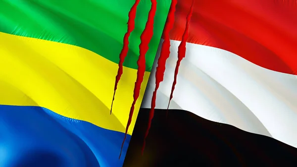 Vlajky Gabon Jemen Pojetím Jizvy Vlnění Vlajky Vykreslování Koncept Konfliktu — Stock fotografie