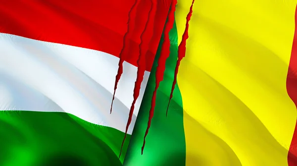 匈牙利和马里的国旗带有伤疤概念 飘扬的旗帜 3D渲染 匈牙利和马里冲突概念 匈牙利马里关系概念 匈牙利和马里的国旗危机 — 图库照片