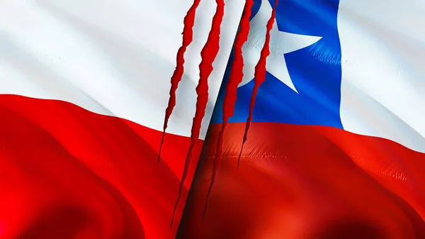 Poland and Chile flags with scar concept. Waving flag,3D rendering. Poland and Chile conflict concept. Poland Chile relations concept. flag of Poland and Chile crisis,war, attack concep