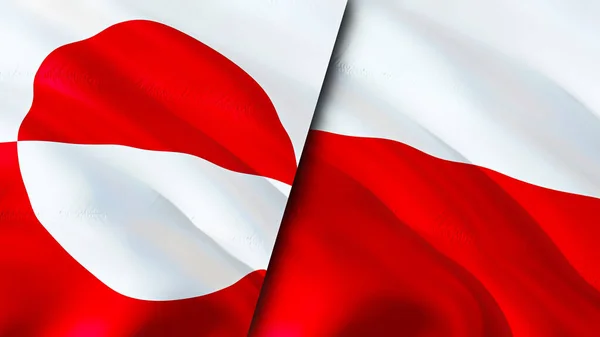 Greenland and Poland flags. 3D Waving flag design. Greenland Poland flag, picture, wallpaper. Greenland vs Poland image,3D rendering. Greenland Poland relations alliance and Trade,travel,touris