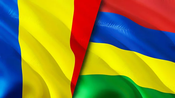 罗马尼亚和毛里求斯的国旗 3D波浪旗帜设计 罗马尼亚毛里求斯国旗 罗马尼亚对毛里求斯的图像 3D渲染 罗马尼亚Mauritius Relations Alliance Trade Travel — 图库照片