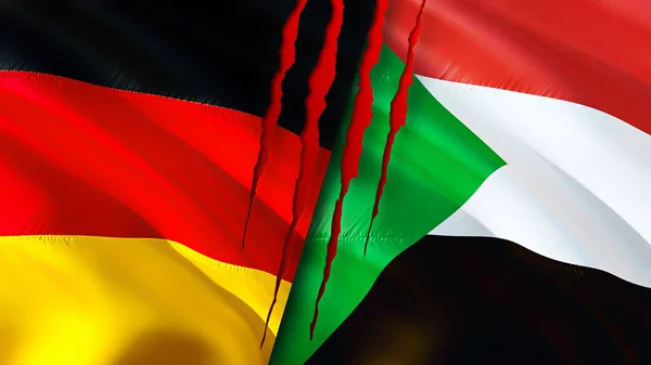 Germany and Sudan flags with scar concept. Waving flag,3D rendering. Germany and Sudan conflict concept. Germany Sudan relations concept. flag of Germany and Sudan crisis,war, attack concep