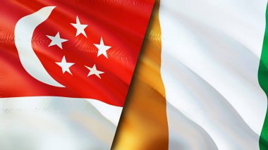 Singapur ve Fildişi Sahili bayrakları. 3 boyutlu dalgalanan bayrak tasarımı. Singapur Fildişi Sancak, resim, duvar kağıdı. Singapur vs Cote d 'Ivoire imajı, 3D görüntüleme. Singapur Fildişi Sahili İlişkiler İttifakı