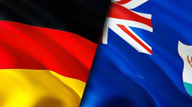 Almanya ve Anguilla bayrakları. 3 boyutlu dalgalanan bayrak tasarımı. Almanya Anguilla bayrağı, resim, duvar kağıdı. Almanya, Anguilla 'ya karşı, görüntü 3 boyutlu. Almanya Anguilla ilişkileri ittifak ve ticaret, seyahat, turnuva