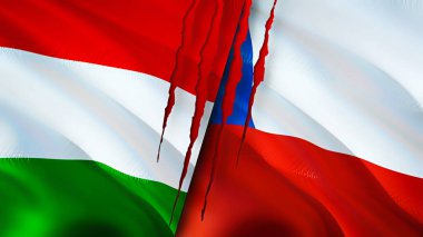 Yara izi olan Macaristan ve Şili bayrakları. Dalgalanan bayrak, 3 boyutlu görüntüleme. Macaristan ve Şili çatışma konsepti. Macaristan Şili ilişkileri kavramı. Macaristan ve Şili bayrağı krizi, savaş, saldırı konsepti
