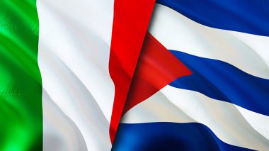 İtalya ve Küba bayrakları. 3 boyutlu dalgalanan bayrak tasarımı. İtalya Küba bayrağı, resim, duvar kağıdı. İtalya, Küba imajına karşı, 3D görüntüleme. İtalya Küba ilişkileri ittifak ve ticaret, seyahat, turizm konsepti