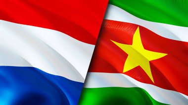 Hollanda ve Surinam bayrakları. 3 boyutlu dalgalanan bayrak tasarımı. Hollanda Surinam bayrağı, resim, duvar kağıdı. Hollanda Surinam 'a Karşı Görüntü, 3D Sunum. Hollanda Surinam ilişkileri ittifakı