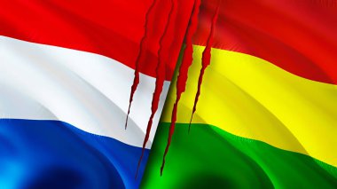 Hollanda ve Bolivya bayrakları yara izi konseptiyle. Dalgalanan bayrak, 3 boyutlu görüntüleme. Hollanda ve Bolivya çatışması konsepti. Hollanda Bolivya ilişkileri kavramı. Hollanda ve Bolivi bayrağı