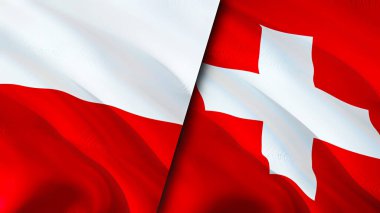 Polonya ve İsviçre bayrakları. 3 boyutlu dalgalanan bayrak tasarımı. Polonya bayrağı, resim, duvar kağıdı. Polonya, İsviçre 'ye karşı, görüntü 3D. Polonya ile İsviçre arasındaki ilişkiler