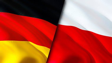 Almanya ve Polonya bayrakları. 3 boyutlu dalgalanan bayrak tasarımı. Almanya Polonya bayrağı, resim, duvar kağıdı. Almanya, Polonya 'ya karşı, görüntü 3D. Almanya Polonya ile ilişkiler ittifak ve ticaret, seyahat ve turizm kavramları