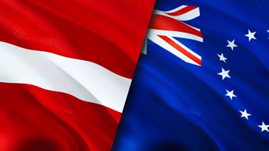 Letonya ve Cook Adaları bayrakları. 3 boyutlu dalgalanan bayrak tasarımı. Letonya Cook Adaları bayrağı, resim, duvar kağıdı. Letonya vs Cook Adaları görüntüsü, 3D görüntüleme. Letonya Cook Adaları İlişkiler Birliği