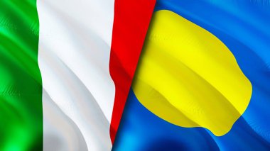 İtalya ve Palau bayrakları. 3 boyutlu dalgalanan bayrak tasarımı. İtalya Palau bayrağı, resim, duvar kağıdı. İtalya, Palau 'ya karşı, görüntü 3 boyutlu. İtalya Palau ilişkileri ittifak ve ticaret, seyahat, turizm konsepti