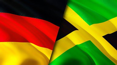Almanya ve Jamaika bayrakları. 3 boyutlu dalgalanan bayrak tasarımı. Almanya Jamaika bayrağı, resim, duvar kağıdı. Almanya Jamaika 'ya karşı, görüntü 3 boyutlu. Almanya Jamaika ilişkileri ittifak ve ticaret, seyahat, turizm konsepti