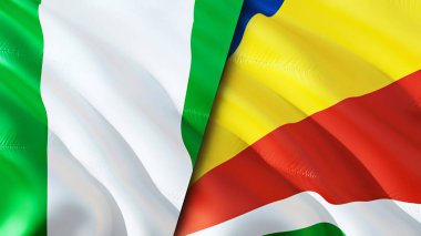 Nijerya ve Seyşel bayrakları. 3 boyutlu dalgalanan bayrak tasarımı. Nijerya Seyşeller bayrağı, resim, duvar kağıdı. Nijerya, Seyşeller 'in 3D görüntüsüne karşı. Nijerya Seyşeller ilişkiler ittifakı