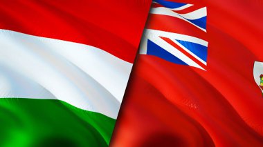 Macaristan ve Bermuda bayrakları. 3 boyutlu dalgalanan bayrak tasarımı. Macaristan Bermuda bayrağı, resim, duvar kağıdı. Macaristan, Bermuda 'ya karşı, görüntü 3 boyutlu. Macaristan Bermuda ilişkileri ittifak ve ticaret, seyahat, turizm konsepti