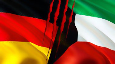 Almanya ve Kuveyt bayraklarında yara izi var. Dalgalanan bayrak, 3 boyutlu görüntüleme. Almanya ve Kuveyt çatışma konsepti. Almanya Kuveyt ilişkileri kavramı. Almanya bayrağı ve Kuveyt krizi, savaş, saldırı konsepti