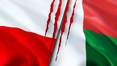 Yara izi olan Polonya ve Madagaskar bayrakları. Dalgalanan bayrak, 3 boyutlu görüntüleme. Polonya ve Madagaskar çatışma konsepti. Polonya Madagaskar ilişkileri kavramı. Polonya bayrağı ve Madagaskar krizi, savaş, attac