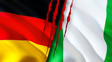 Almanya ve Nijerya yara izi kavramına sahip bayraklar. Dalgalanan bayrak, 3 boyutlu görüntüleme. Almanya ve Nijerya çatışma konsepti. Almanya Nijerya ilişkileri kavramı. Almanya ve Nijerya bayrağı krizi, savaş, saldırı konsepti