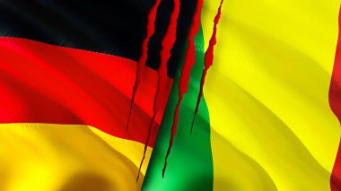 Almanya ve Mali yara izi kavramına sahip bayraklar. Dalgalanan bayrak, 3 boyutlu görüntüleme. Almanya ve Mali çatışma konsepti. Almanya Mali ilişkileri kavramı. Almanya bayrağı ve Mali krizi, savaş, saldırı konsepti