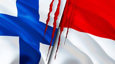 Finlandiya ve Monako bayraklarında yara izi var. Dalgalanan bayrak, 3 boyutlu görüntüleme. Finlandiya ve Monako çatışma konsepti. Finlandiya Monako ilişkileri kavramı. Finlandiya bayrağı ve Monako krizi, savaş, saldırı konsepti