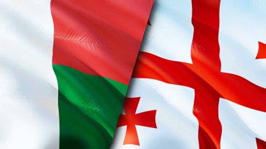 Madagaskar ve Gürcistan bayrakları. 3 boyutlu dalgalanan bayrak tasarımı. Madagaskar Gürcistan bayrağı, resim, duvar kağıdı. Madagaskar, Gürcistan imajına karşı, 3D görüntüleme. Madagaskar Gürcistan ilişkileri