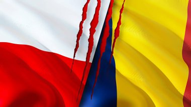 Polonya ve Çad yara izi olan bayraklar. Dalgalanan bayrak, 3 boyutlu görüntüleme. Polonya ve Çad çatışma konsepti. Polonya Çad ilişkileri kavramı. Polonya bayrağı ve Çad krizi, savaş, saldırı konsepti