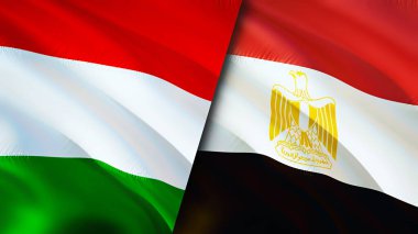 Macaristan ve Mısır bayrakları. 3 boyutlu dalgalanan bayrak tasarımı. Macaristan bayrağı, resim, duvar kağıdı. Macaristan, Mısır 'a karşı, görüntü 3 boyutlu. Macaristan Mısır ilişkileri ittifak ve ticaret, seyahat, turizm konsepti