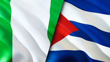 Nijerya ve Küba bayrakları. 3 boyutlu dalgalanan bayrak tasarımı. Nijerya Küba bayrağı, resim, duvar kağıdı. Nijerya, Küba imajına karşı, 3D görüntüleme. Nijerya Küba ilişkileri ittifak ve ticaret, seyahat, turizm konsepti