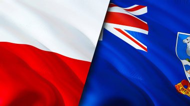 Polonya ve Falkland Adaları bayrakları. 3 boyutlu dalgalanan bayrak tasarımı. Polonya Falkland Adaları bayrağı, resim, duvar kağıdı. Polonya, Falkland Adaları 'na karşı. Görüntü 3D. Polonya Falkland Adaları ilişkileri ittifak